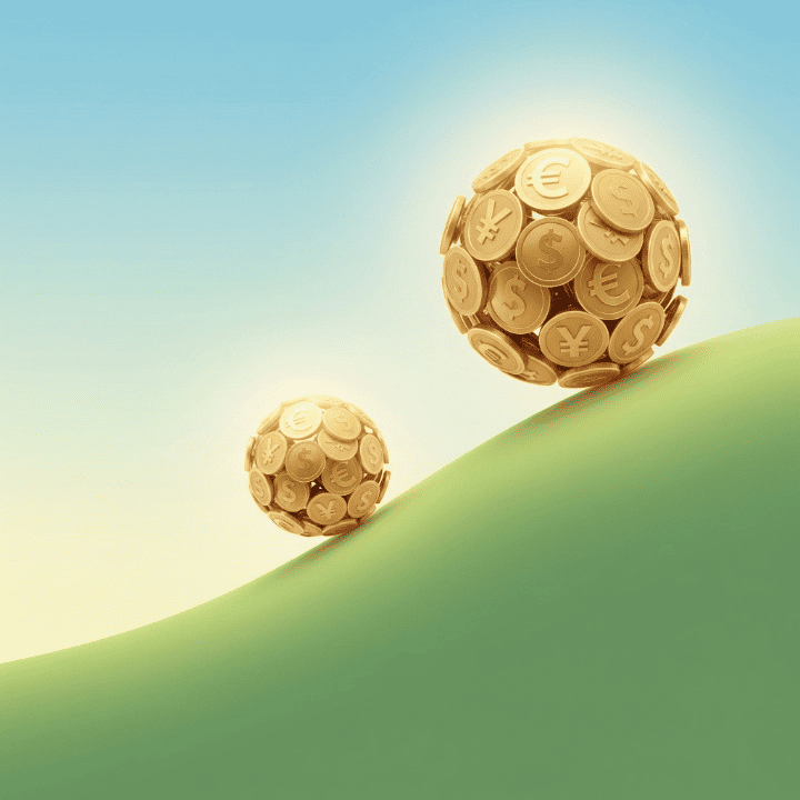 A stylized illustration of a small snowball made of coins rolling down a hill, growing larger as it rolls, symbolizing the exponential power of compound interest.