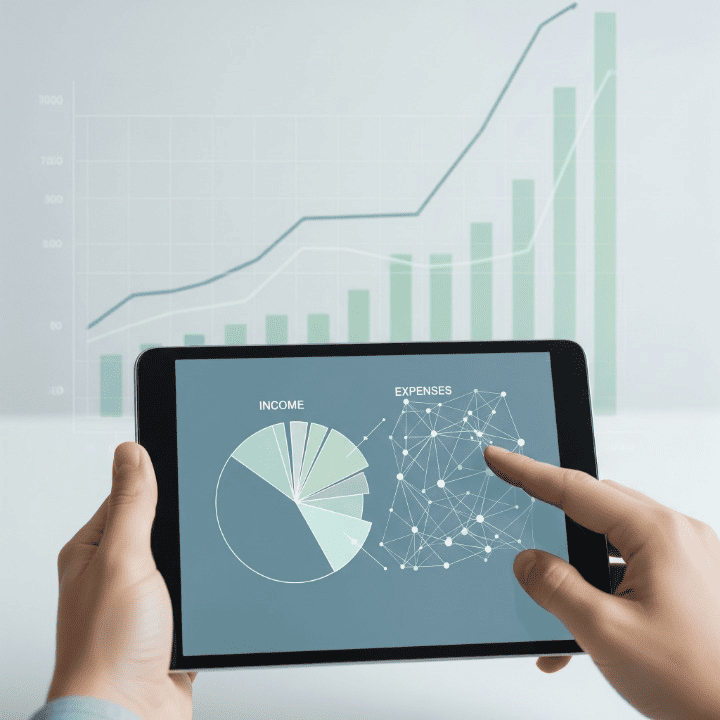 A person's hands holding a tablet with a digital budgeting plan on the screen, showing a clean graph of income and expenses, symbolizing a modern approach to financial planning.