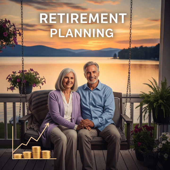 A serene image of a senior couple enjoying a sunset, with a subtle financial graph in the foreground, representing the peace and security of a well-planned retirement.