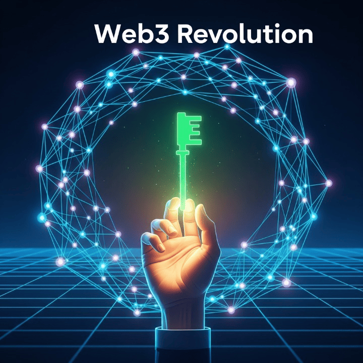 A stylized illustration of a hand reaching out from a complex digital network, holding a glowing key, symbolizing the individual's role and ownership in the decentralized Web3 internet.