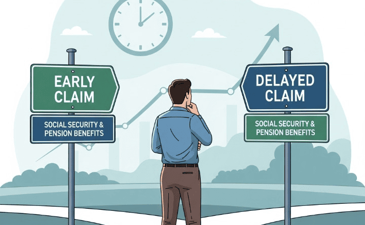 A person contemplating their options at a crossroads labeled "Early Claim" and "Delayed Claim" for retirement benefits, symbolizing the critical decision of when to claim Social Security or pension benefits.
