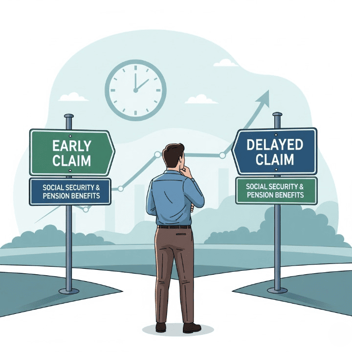 A person contemplating their options at a crossroads labeled "Early Claim" and "Delayed Claim" for retirement benefits, symbolizing the critical decision of when to claim Social Security or pension benefits.