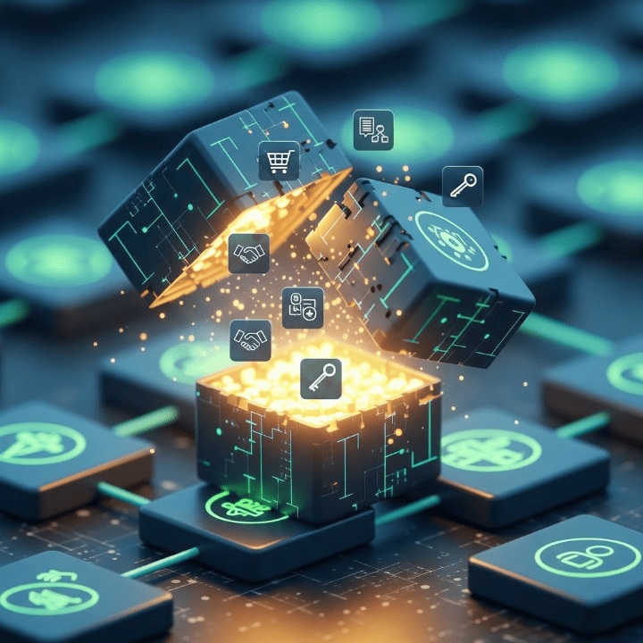 A stylized illustration of a three-dimensional blockchain with an open block revealing icons for smart contracts, supply chain, and digital identity, representing the diverse applications of the technology.