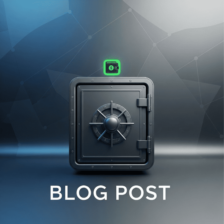 A digital illustration of a glowing crypto wallet icon placed on top of a secure, futuristic vault, symbolizing the safe storage of digital assets.