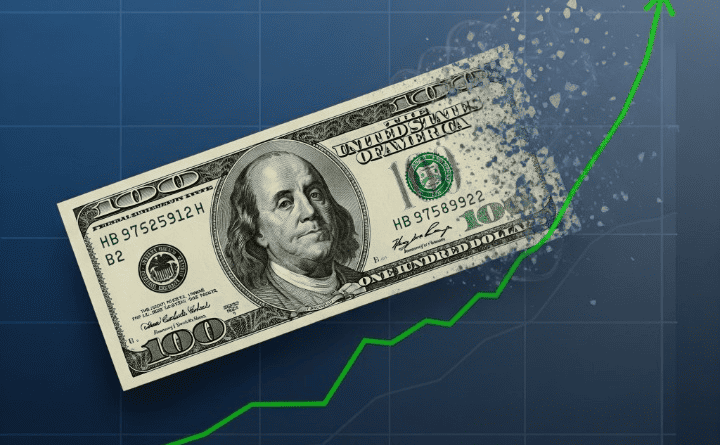A dollar bill is shown dissolving to represent the concept of inflation and the loss of purchasing power over time.