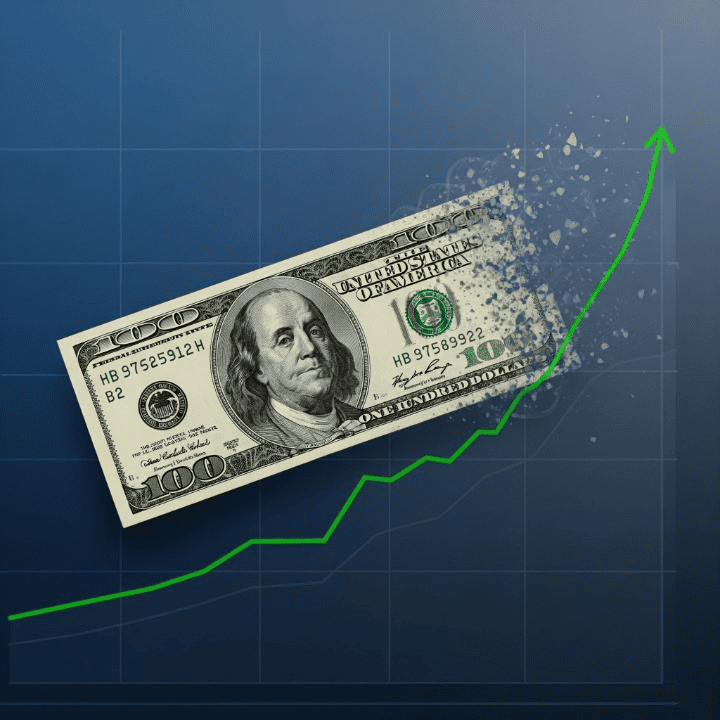 A dollar bill is shown dissolving to represent the concept of inflation and the loss of purchasing power over time.