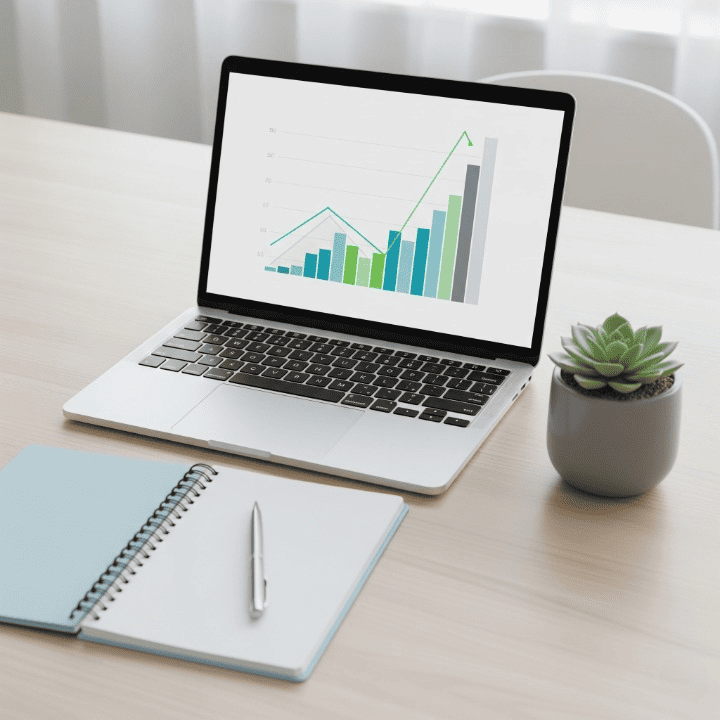 A minimalist desk scene showing a laptop with a financial graph, a notebook, and a pen, symbolizing a structured and thoughtful approach to personal finance planning.