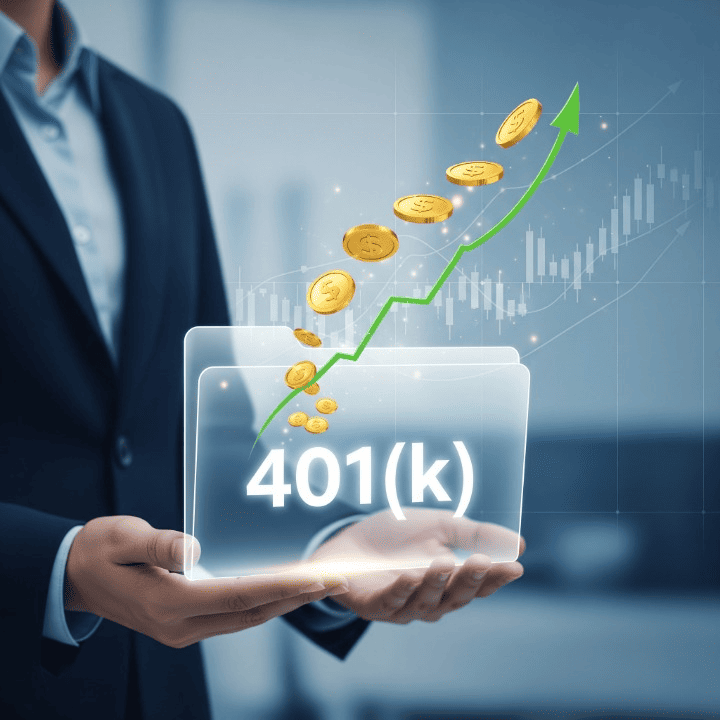 A person's hands holding a digital folder with a "401(k)" icon, from which a rising financial graph emerges, symbolizing retirement savings growth.