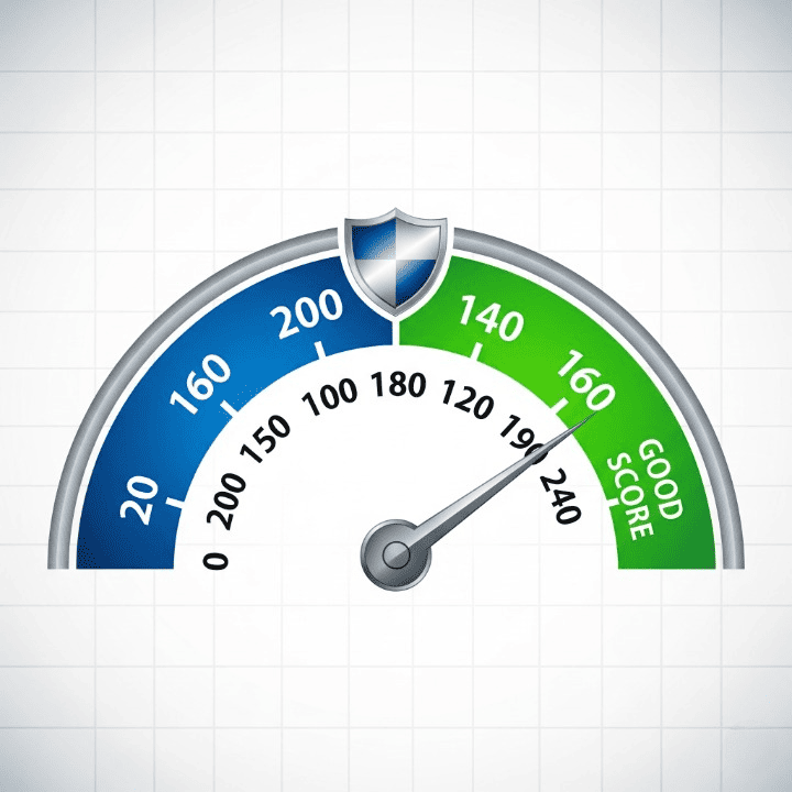 A stylized illustration of a speedometer-like gauge with a needle pointing to a high number in a green zone, symbolizing a healthy credit score.