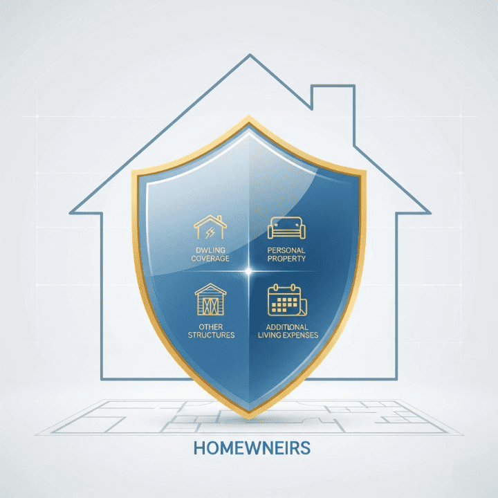 A stylized illustration of a protective shield over a home, with icons inside representing dwelling, personal property, other structures, and loss of use coverage.