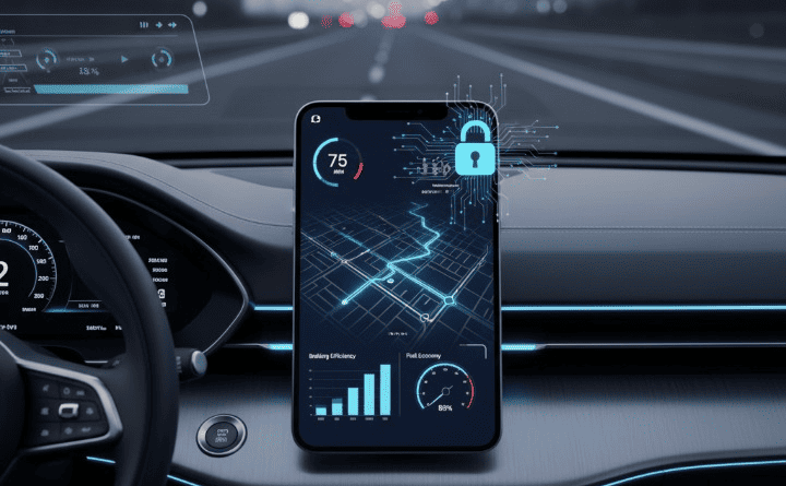 A car dashboard showing a smartphone app displaying driving data, with a padlock icon overlaid, symbolizing the balance between personalized insurance rates and data privacy.