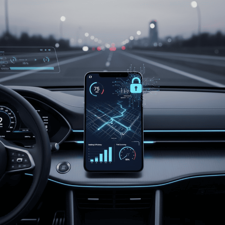 A car dashboard showing a smartphone app displaying driving data, with a padlock icon overlaid, symbolizing the balance between personalized insurance rates and data privacy.