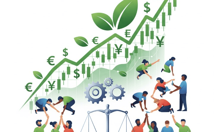 Illustration of Value-Driven Investing, showing financial growth intertwined with ESG principles: environmental sustainability, social responsibility, and corporate governance.
