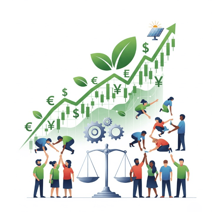 Illustration of Value-Driven Investing, showing financial growth intertwined with ESG principles: environmental sustainability, social responsibility, and corporate governance.