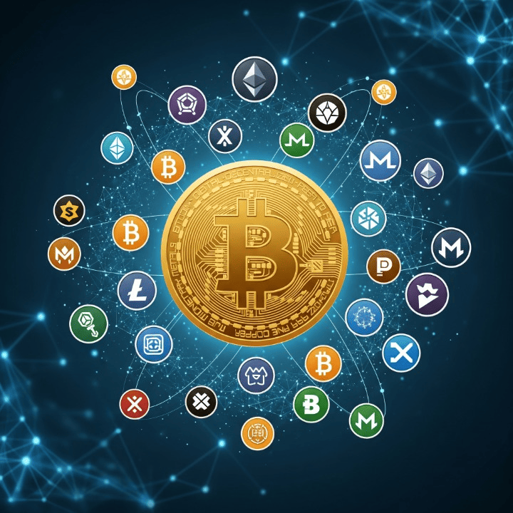 A stylized illustration showing a large Bitcoin icon surrounded by many smaller, diverse altcoin icons, representing the broader cryptocurrency ecosystem.