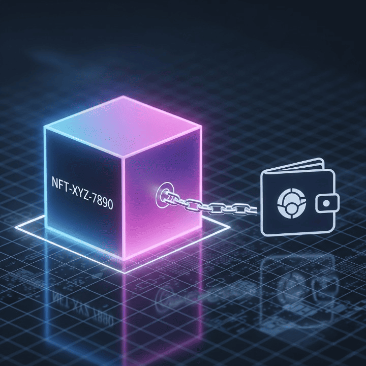 A stylized illustration of a unique digital token with an ID number on it, connected by a chain to a digital wallet icon, symbolizing the core concept of an NFT.