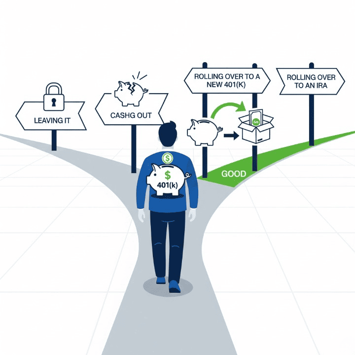 A stylized illustration of a person with a 401(k) money bag walking on a path, with signposts showing the four options for handling their retirement account when changing jobs.