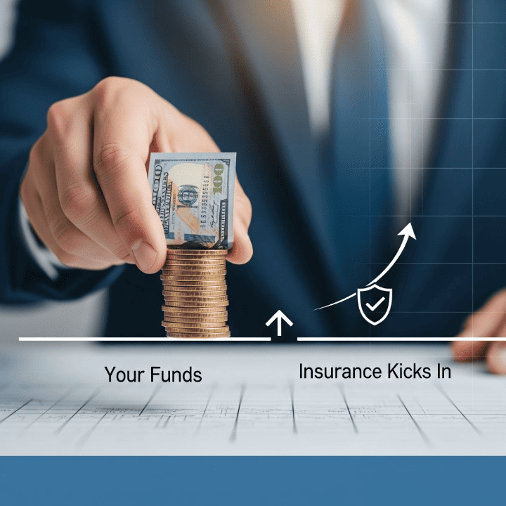 A stylized illustration of a person's hand placing money on a line, with a symbol of a paid claim on the other side, representing the deductible payment in an insurance claim.