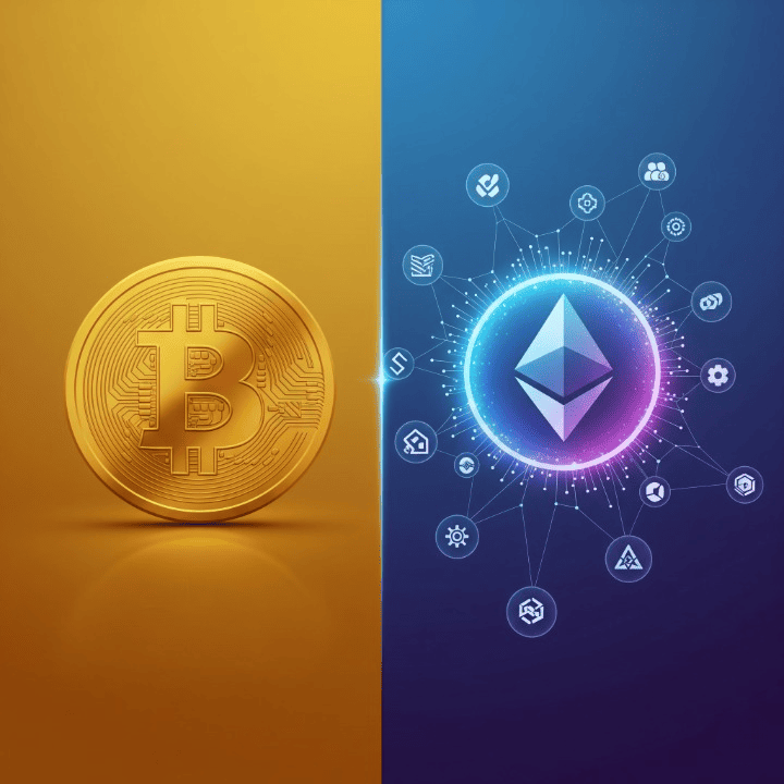 A stylized illustration comparing Bitcoin (represented by a solid gold icon) and Ethereum (represented by a complex, glowing icon with lines connecting to other symbols), highlighting their different purposes.