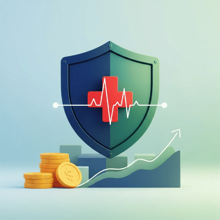 A stylized illustration of a protective shield with a medical cross, placed over a stack of coins and a financial graph, symbolizing the financial security provided by health insurance.
