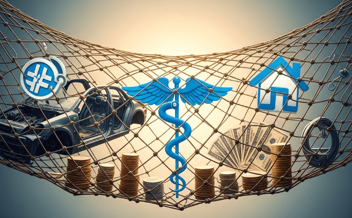 An illustrative image of a financial safety net, symbolized by a strong net catching items representing unexpected expenses like car repairs, medical bills, and home maintenance, alongside well-organized currency. This represents a robust emergency fund protecting against unforeseen financial challenges.