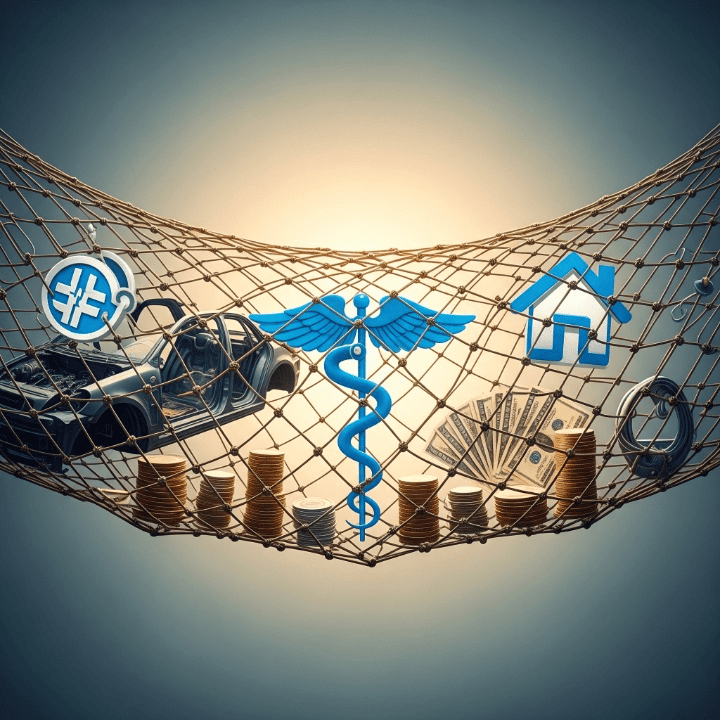 An illustrative image of a financial safety net, symbolized by a strong net catching items representing unexpected expenses like car repairs, medical bills, and home maintenance, alongside well-organized currency. This represents a robust emergency fund protecting against unforeseen financial challenges.