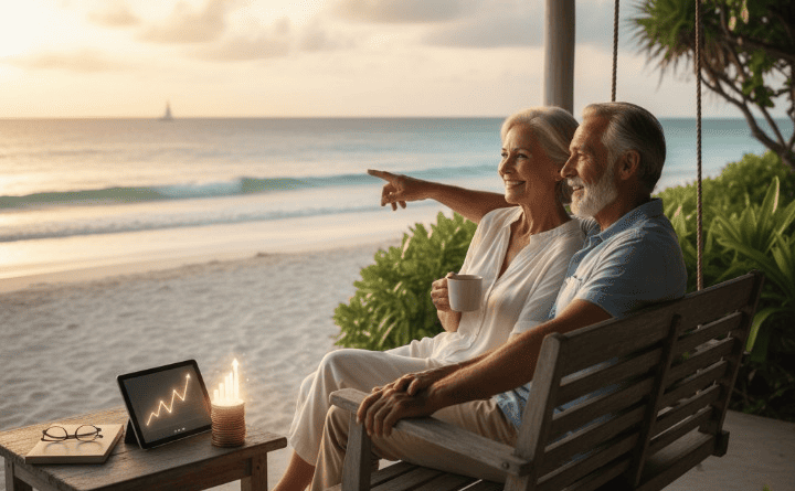 A serene image of a retired couple smiling, enjoying life, representing a secure and stress-free retirement achieved through careful financial planning and investment.