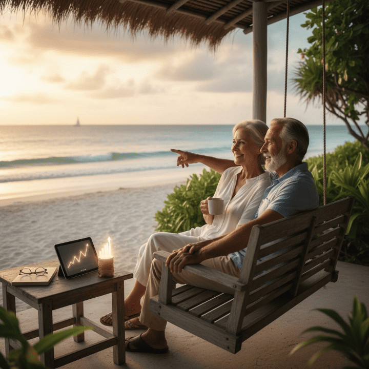 A serene image of a retired couple smiling, enjoying life, representing a secure and stress-free retirement achieved through careful financial planning and investment.