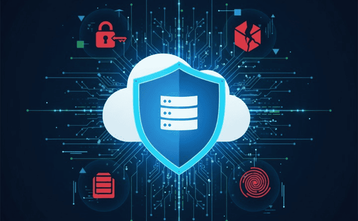 A digital shield protecting a cloud server, symbolizing cyber liability insurance for a SaaS company, with data flowing securely and digital threats being repelled.
