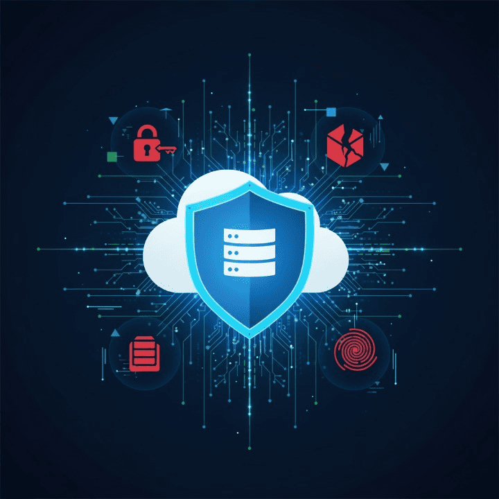 A digital shield protecting a cloud server, symbolizing cyber liability insurance for a SaaS company, with data flowing securely and digital threats being repelled.