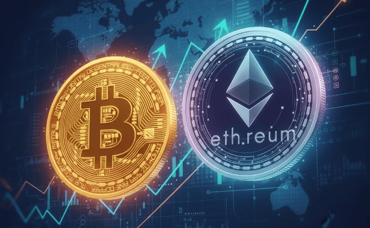 Illustration comparing Bitcoin and Ethereum logos and technologies, representing key differences in the cryptocurrency market.