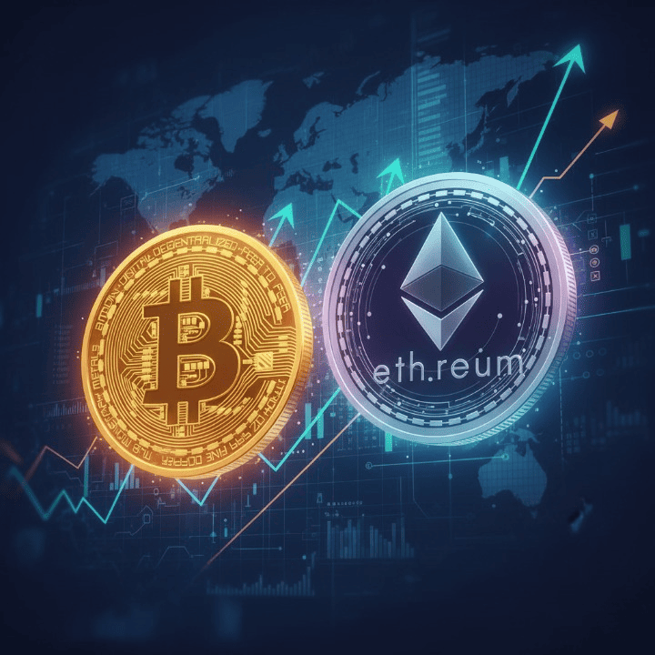 Illustration comparing Bitcoin and Ethereum logos and technologies, representing key differences in the cryptocurrency market.