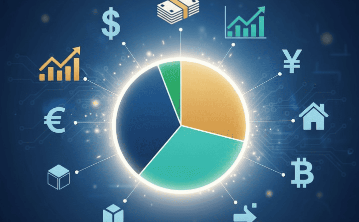 Illustration of a diversified investment portfolio composed of various ETFs, with icons representing stocks, bonds, and commodities, symbolizing financial growth and stability.