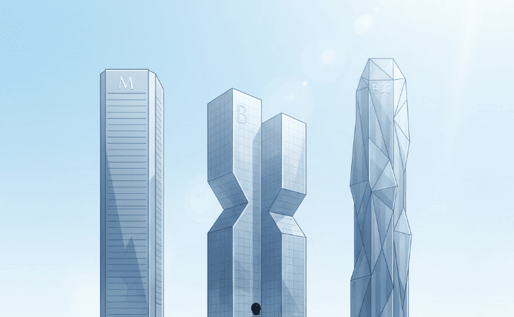 An aspiring professional looking towards three prominent consulting firm buildings, symbolizing the journey to a management consultant job at McKinsey, Bain, or BCG.