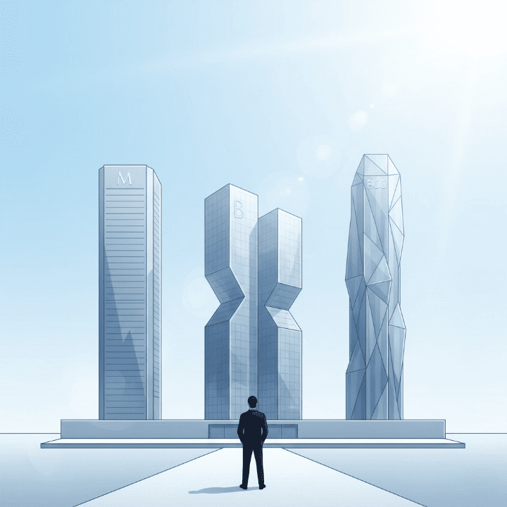 An aspiring professional looking towards three prominent consulting firm buildings, symbolizing the journey to a management consultant job at McKinsey, Bain, or BCG.