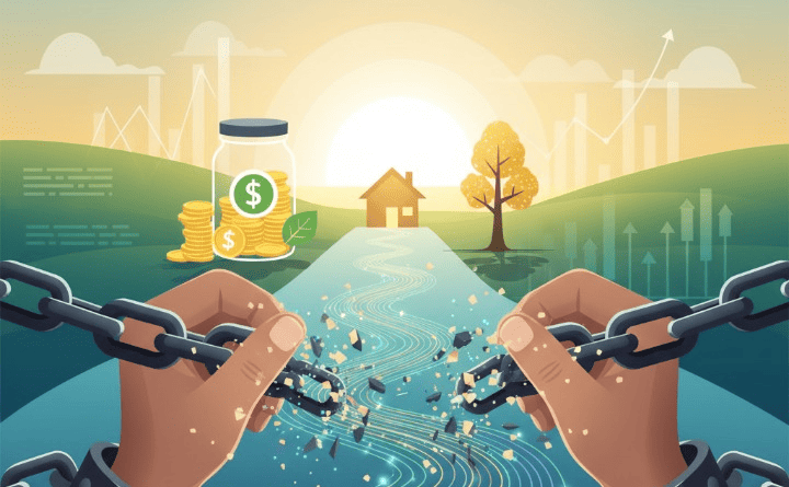 Hands breaking free from chains, symbolizing debt repayment and achieving financial freedom, with a clear path leading towards a serene horizon featuring financial growth and retirement savings.