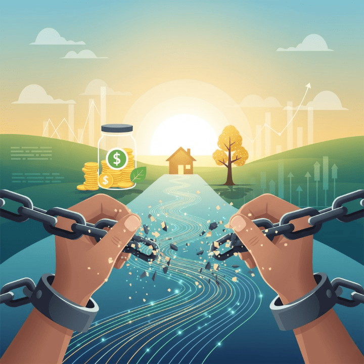 Hands breaking free from chains, symbolizing debt repayment and achieving financial freedom, with a clear path leading towards a serene horizon featuring financial growth and retirement savings.