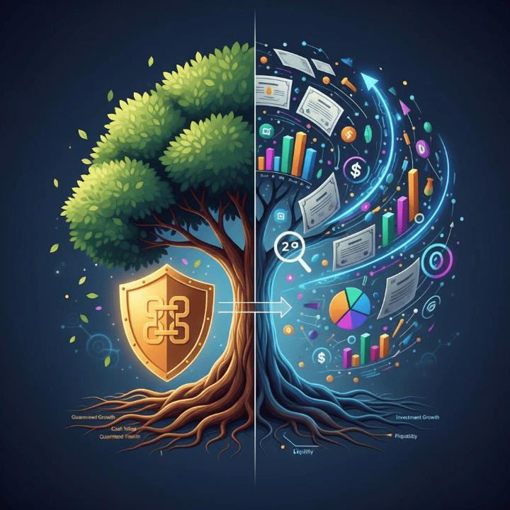 Whole life insurance concept with financial tree and diverse investment assets