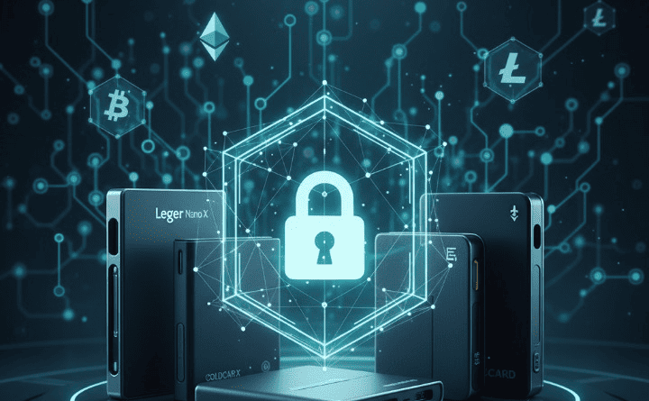 A collection of leading crypto hardware wallets including Ledger Nano X, Trezor Model T, and Coldcard, symbolizing robust security for digital assets.
