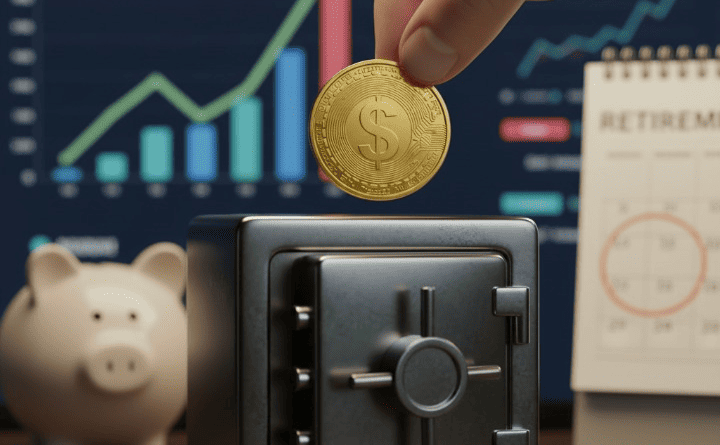 A gold coin being placed into a small safe, symbolizing secure investment and diversification of a retirement portfolio with precious metals.