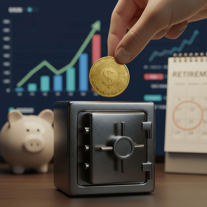 A gold coin being placed into a small safe, symbolizing secure investment and diversification of a retirement portfolio with precious metals.