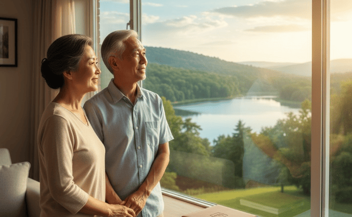 Elderly couple looking out window, symbolizing financial security with Long-Term Care Insurance