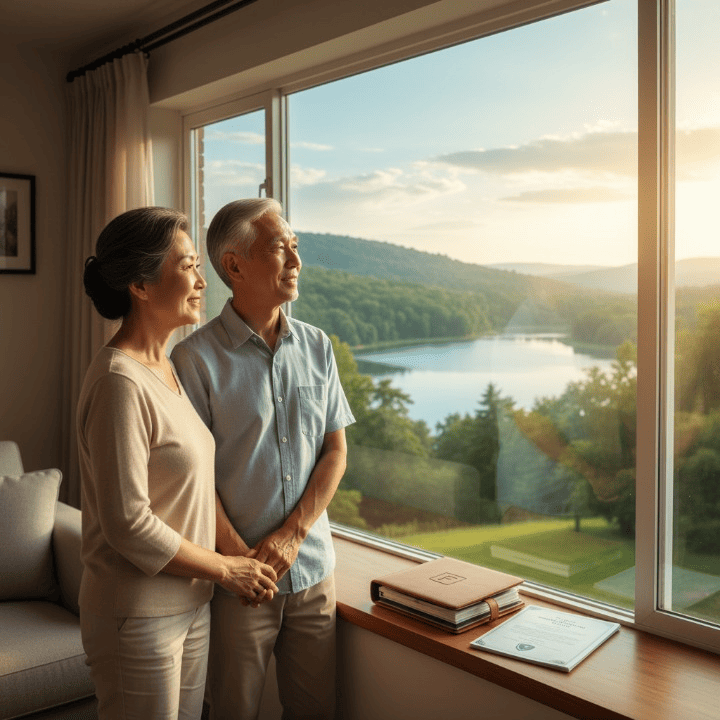 Elderly couple looking out window, symbolizing financial security with Long-Term Care Insurance