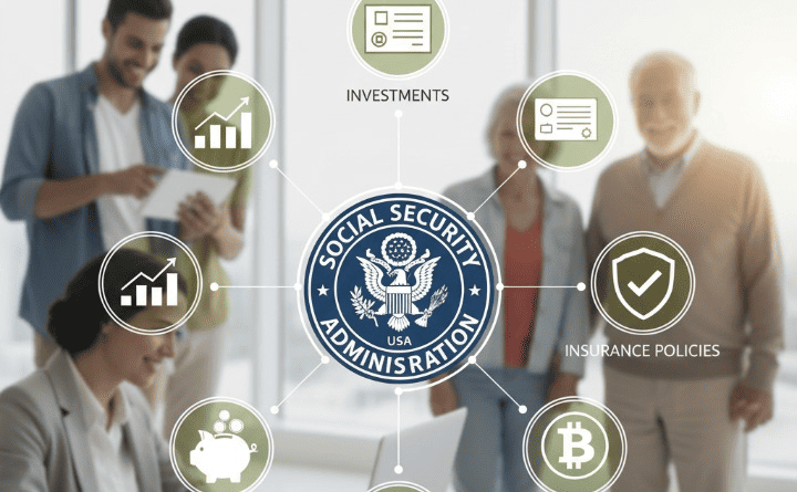 An image depicting the Social Security logo surrounded by various financial planning elements like investment charts, insurance documents, and savings symbols, representing a comprehensive guide to retirement planning.