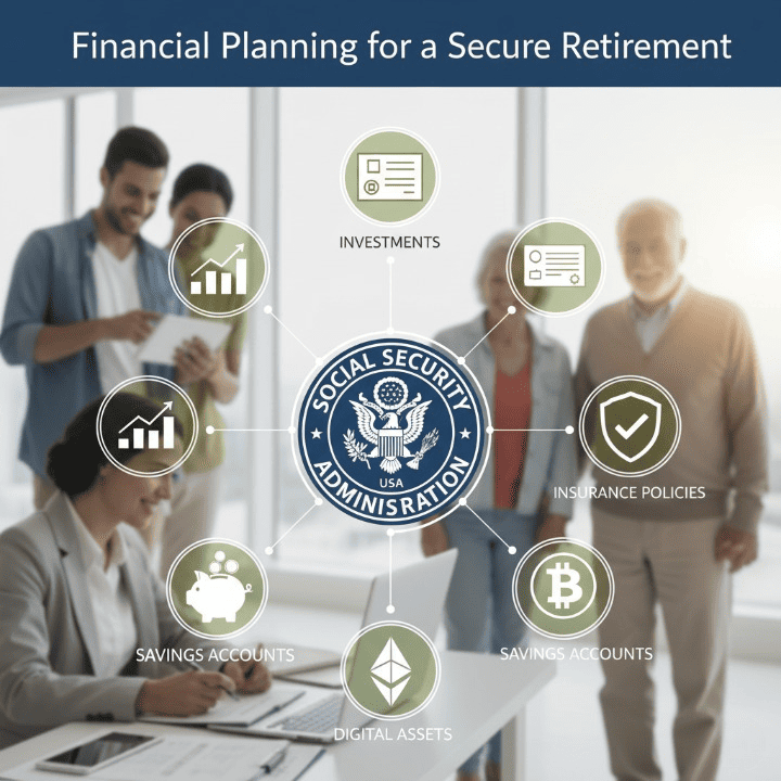 An image depicting the Social Security logo surrounded by various financial planning elements like investment charts, insurance documents, and savings symbols, representing a comprehensive guide to retirement planning.