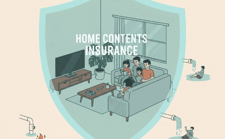 An illustration showing a protective shield over an apartment's personal belongings, symbolizing renters insurance safeguarding against risks like fire and water damage.
