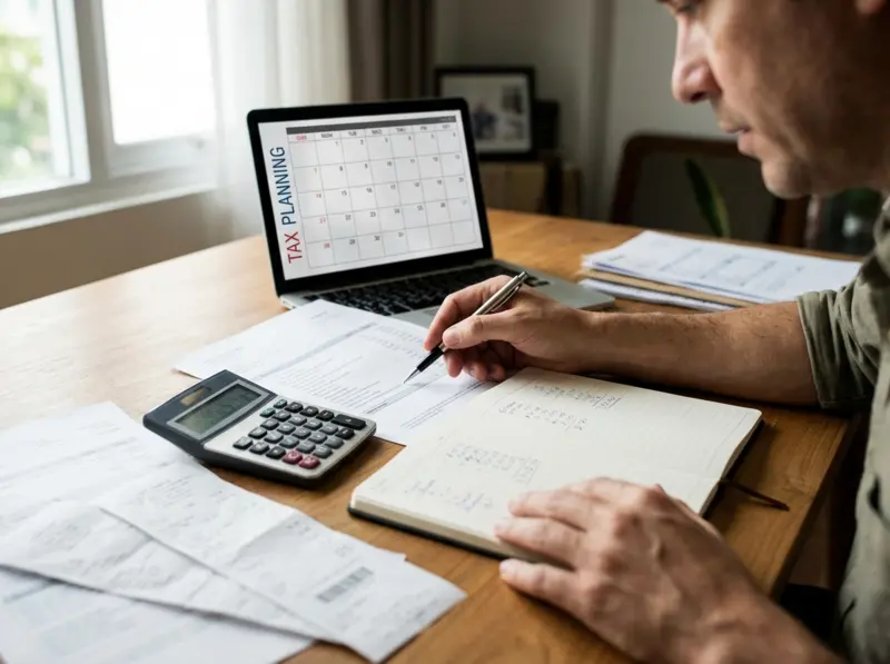 Comprehensive tax planning strategies showing retirement account optimization, deduction optimization, and year-round wealth building techniques