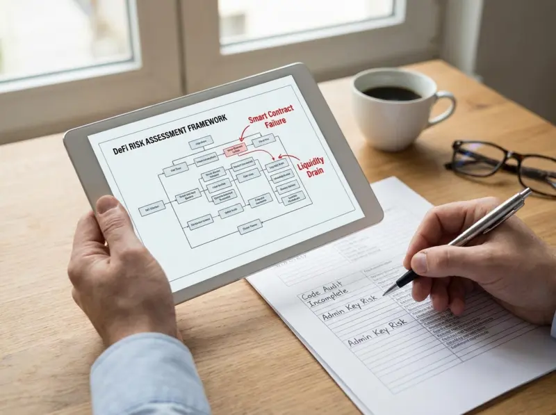 Six-layer DeFi risk management framework diagram displaying smart contract security assessment, impermanent loss mitigation, rug pull detection, stablecoin risk analysis, regulatory compliance navigation, and portfolio construction strategies