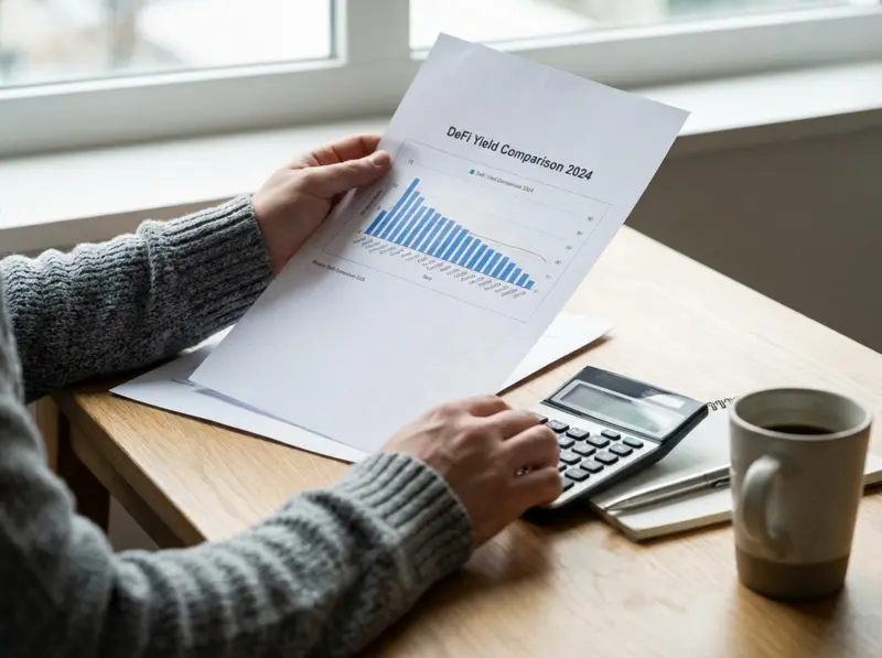 Infographic showing DeFi yield generation through staking, lending, and liquidity provision with smart contract risk indicators