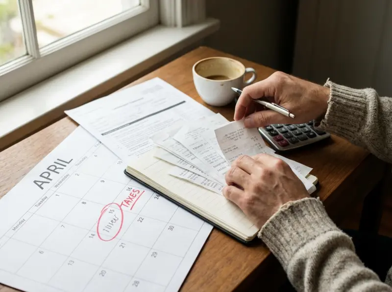 Annual calendar featuring April highlighted among other months, illustrating year-round tax planning concept with planning notes and documents